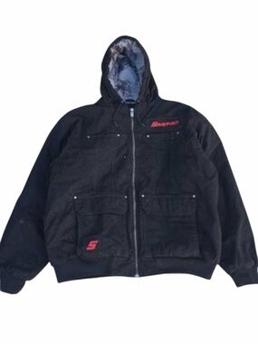 Snap On Vintage Black Hooded Canvas Chore Jacket Coat heavy Insulated pockets